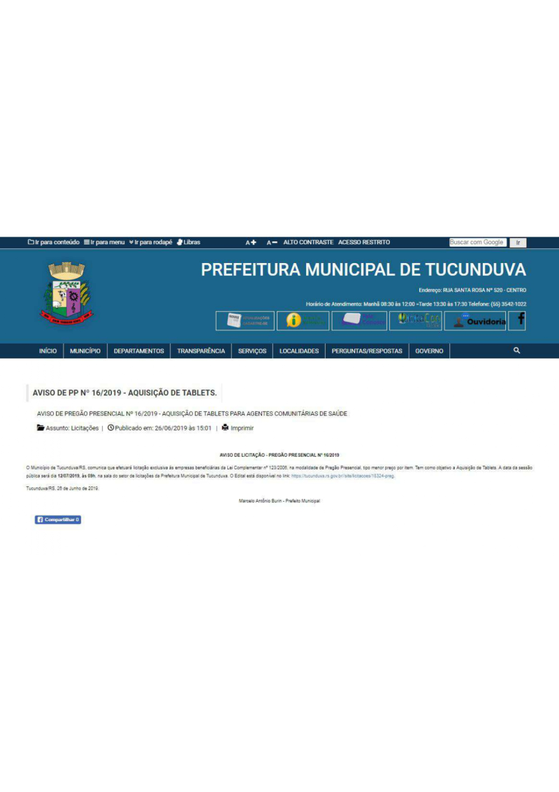 AVISO DE PP Nº 16/2019 - AQUISIÇÃO DE TABLETS.